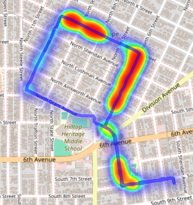 A color coded heat map of a bike ride and the GPS coordinates of detected potholes along the route in Tacoma's North Slope Historic District neighborhood.